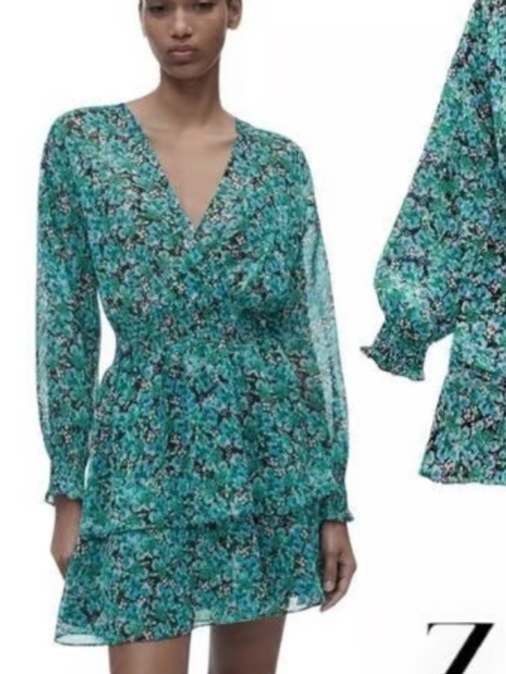 Zara Blue & Green Floral V-Neck Dress